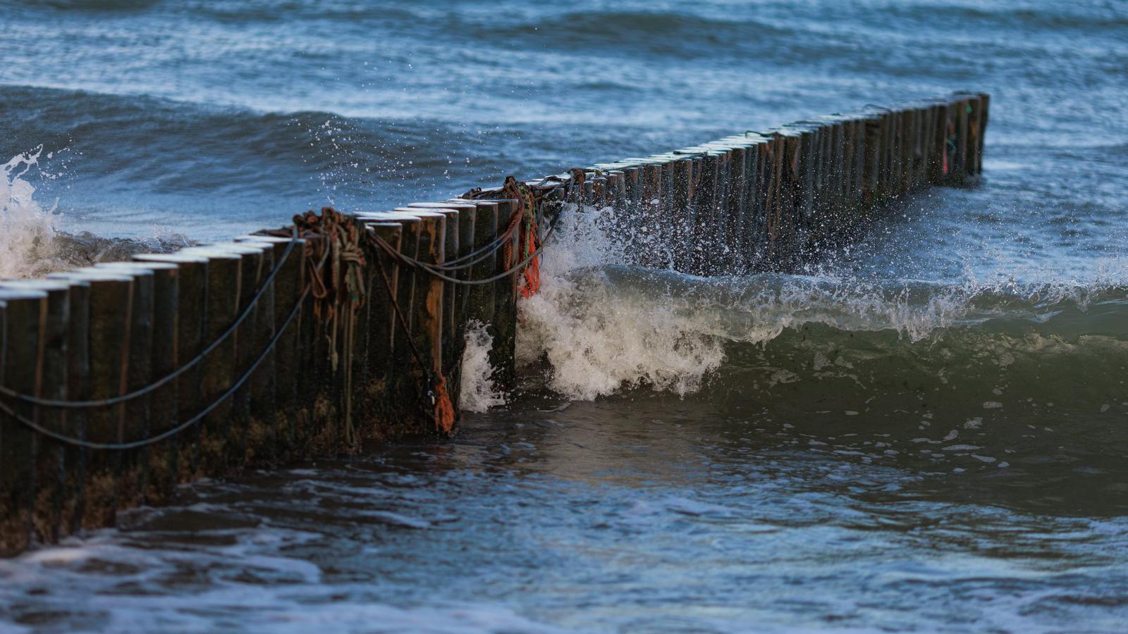 Licensed stock photograph: a timber pile wall taking the water on its face.